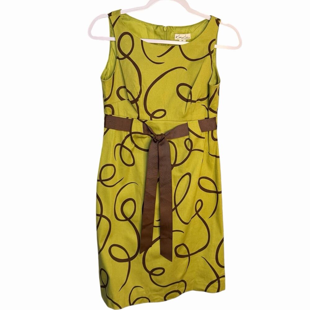 Kim Rogers Signature Sheath Dress Women's 6 P Green Brown Belt Abstract Retro